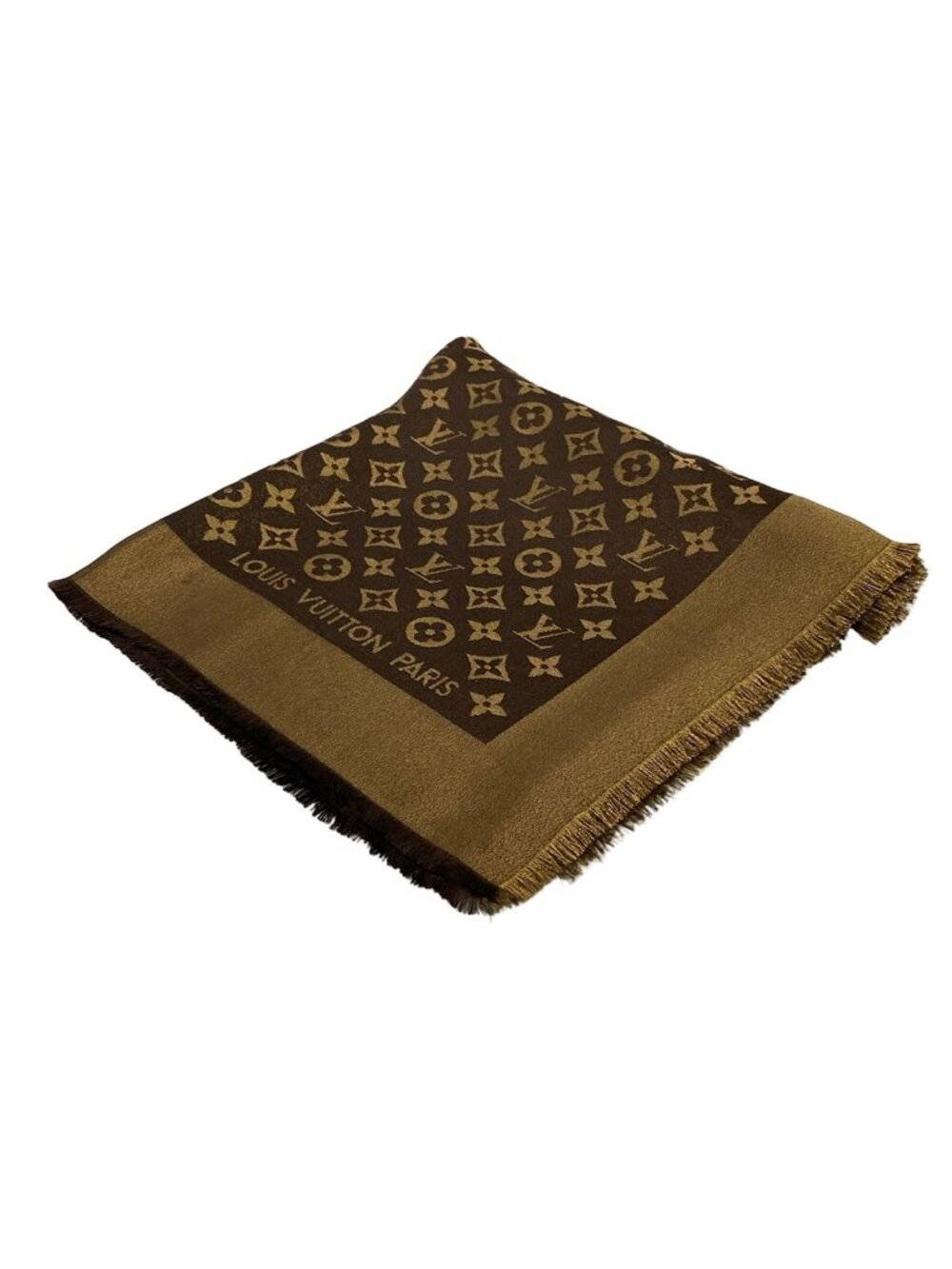 Louis Vuitton Shawl Dark Brown Gold Wool Silk Scarf